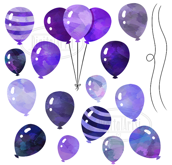 Watercolor Purple Balloons Clipart in Illustrations - product preview 1