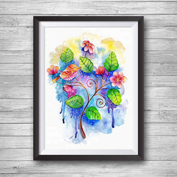 Watercolor bird on a branch in Illustrations - product preview 2