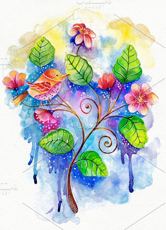 Watercolor bird on a branch in Illustrations - product preview 3