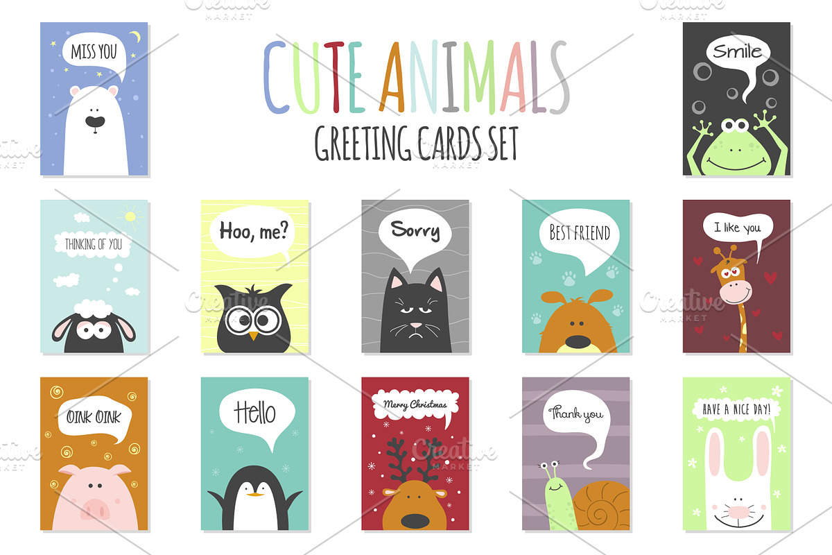 Greeting cards set - cute animals. in Illustrations - product preview 8
