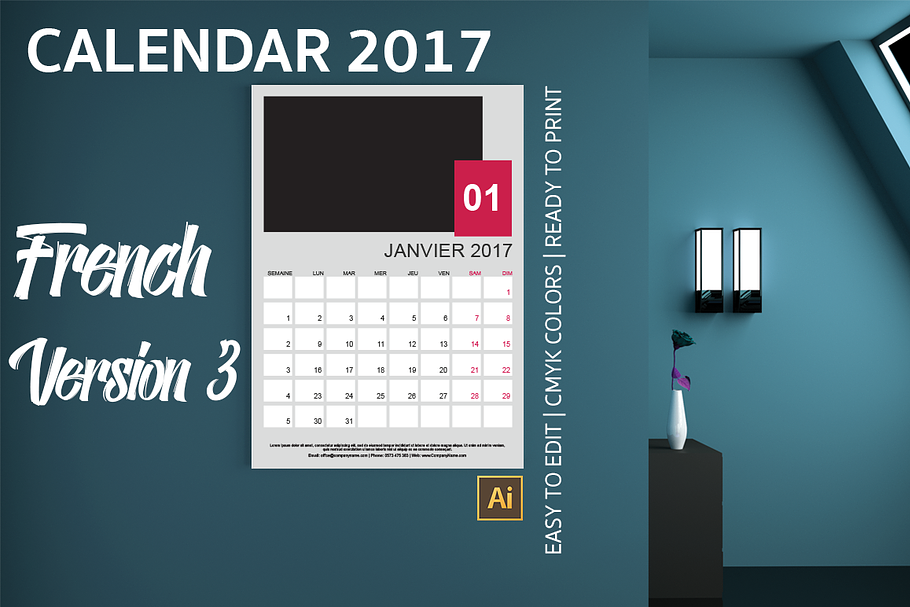 French Wall Calendar 2017 Version 3 in Templates - product preview 8