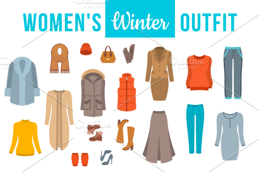 Women winter clothes flat icons