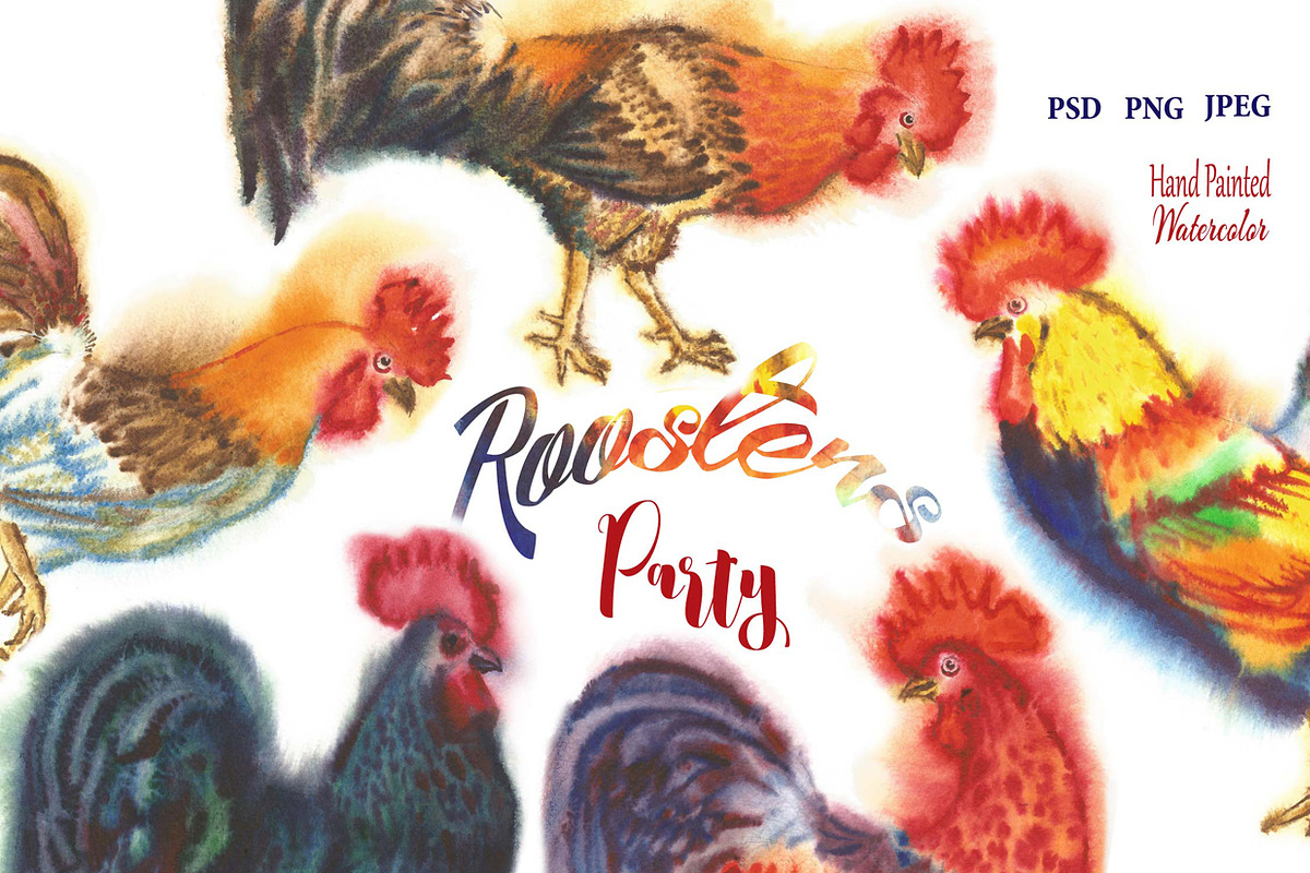 Watercolor Roosters  in Illustrations - product preview 8