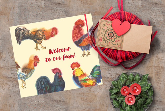 Watercolor Roosters  in Illustrations - product preview 4