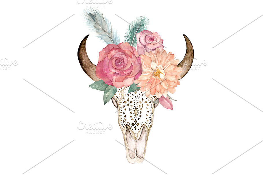 Watercolor Floral Skull Bull in Objects - product preview 8