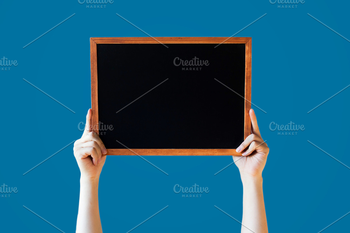 Human Hands Holding Empty Blank Black Board Over Blue Background - Ready for adding your text here in Objects - product preview 8