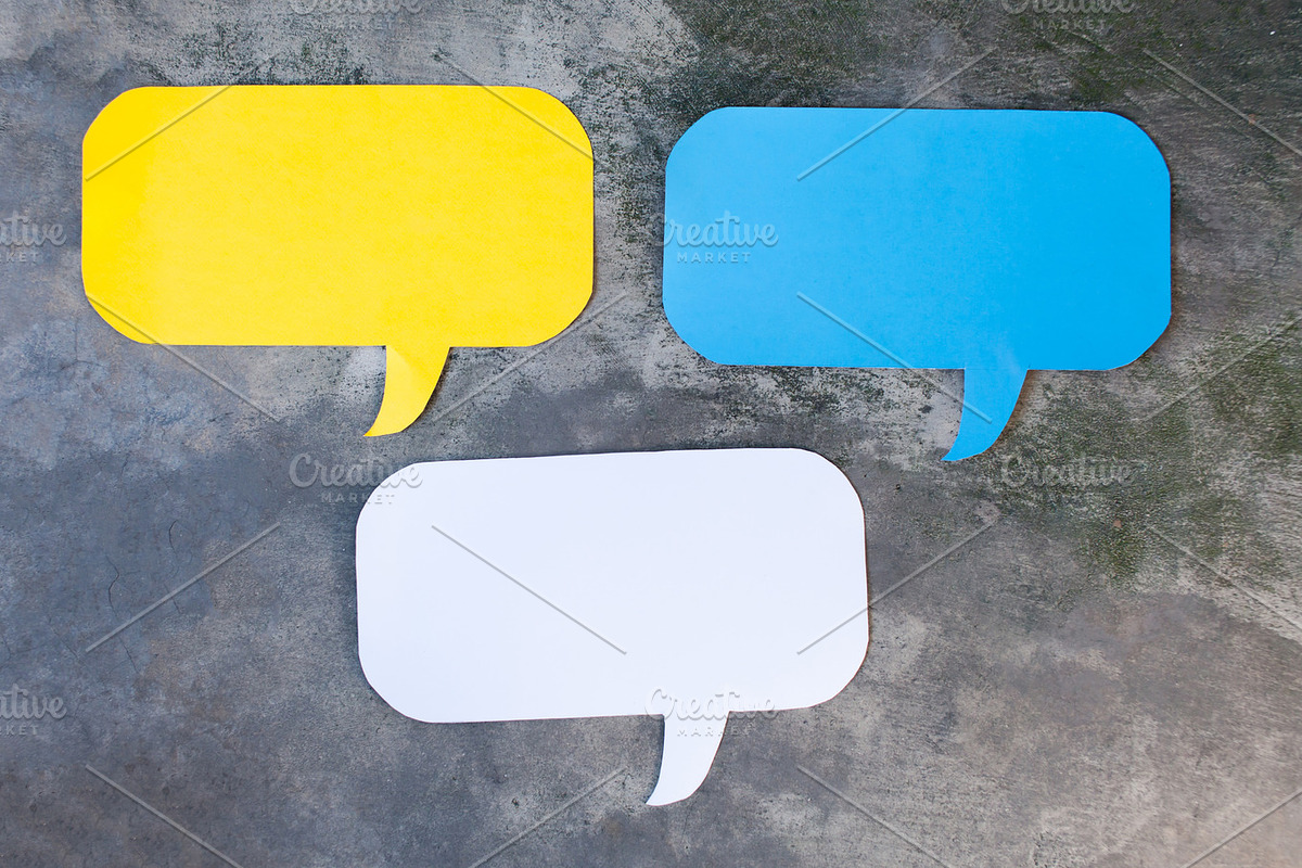 Three of Yellow, Blue and White Speech Bubbles Over Gray Grunge Background - Balloon speech bubble concept in Objects - product preview 8