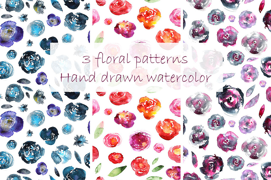 3 floral patterns, watercolor in Patterns - product preview 8