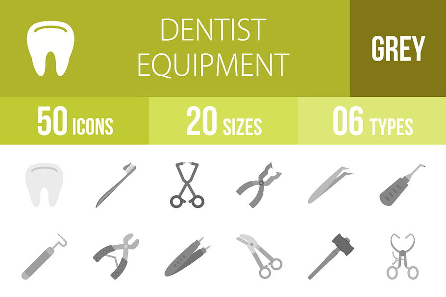 50 Dentist Equipment Greyscale Icons
