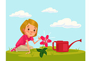 Little girl grow flower plant