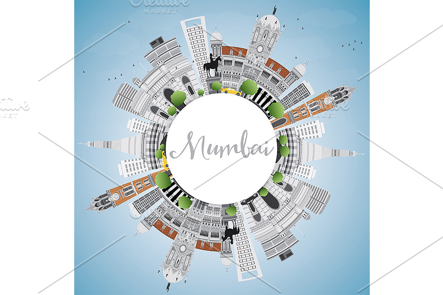 Mumbai Skyline with Gray Landmarks