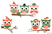 Cute Christmas owls clip art set
