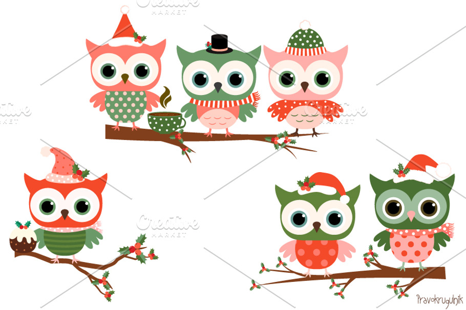 Cute Christmas owls clip art set