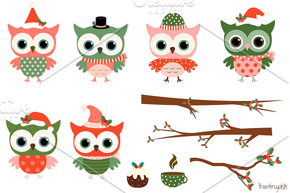 Cute Christmas owls clip art set in Illustrations - product preview 1
