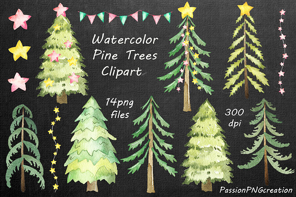 Watercolor Pine Trees Clipart in Illustrations - product preview 1