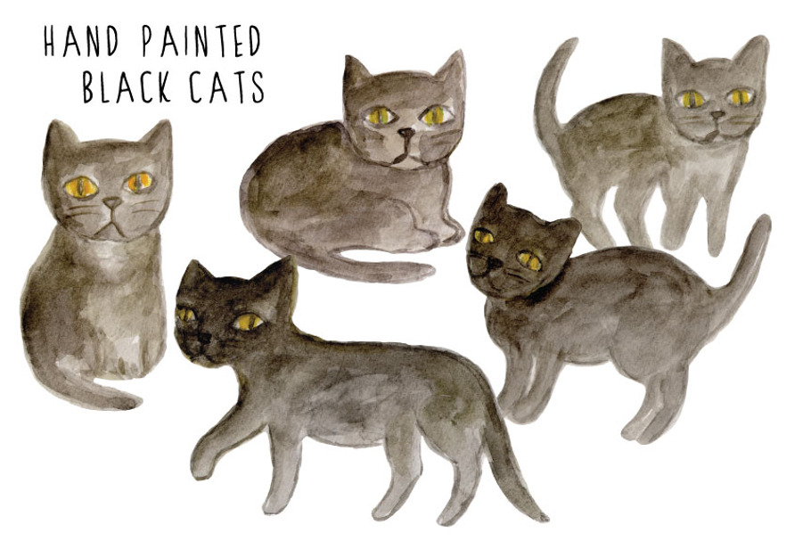 Watercolor Black Cats Clipart in Illustrations - product preview 8