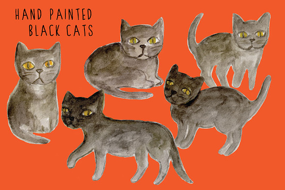 Watercolor Black Cats Clipart in Illustrations - product preview 1