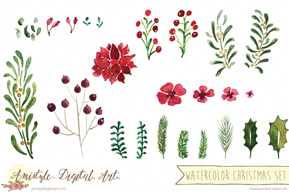 Watercolor Christmas Flowers Set in Illustrations - product preview 1