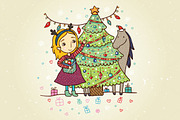 Girl decorates Christmas tree
