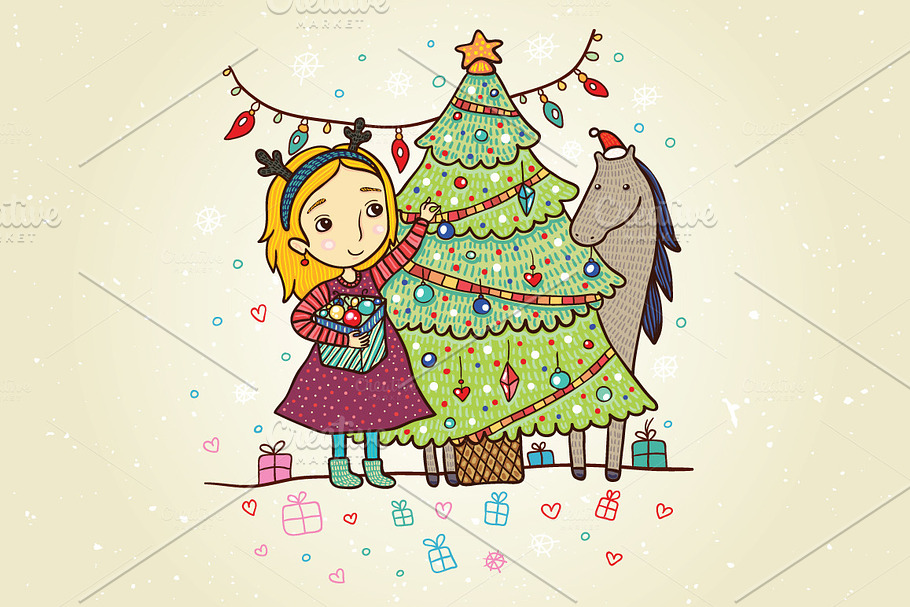Girl decorates Christmas tree in Illustrations - product preview 8