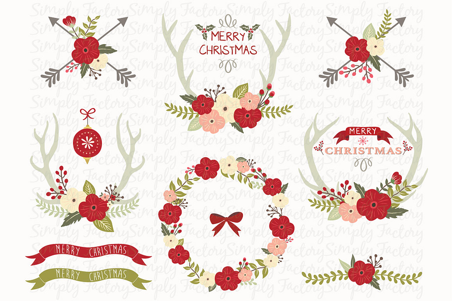 Christmas Floral Antlers Elements in Illustrations - product preview 8