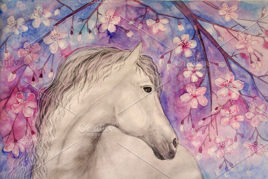 Watercolour horse and cherry blossom