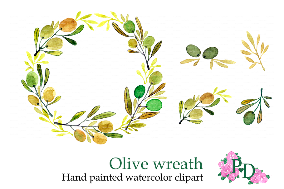 Olive Wreath watercolor clip art in Illustrations - product preview 8