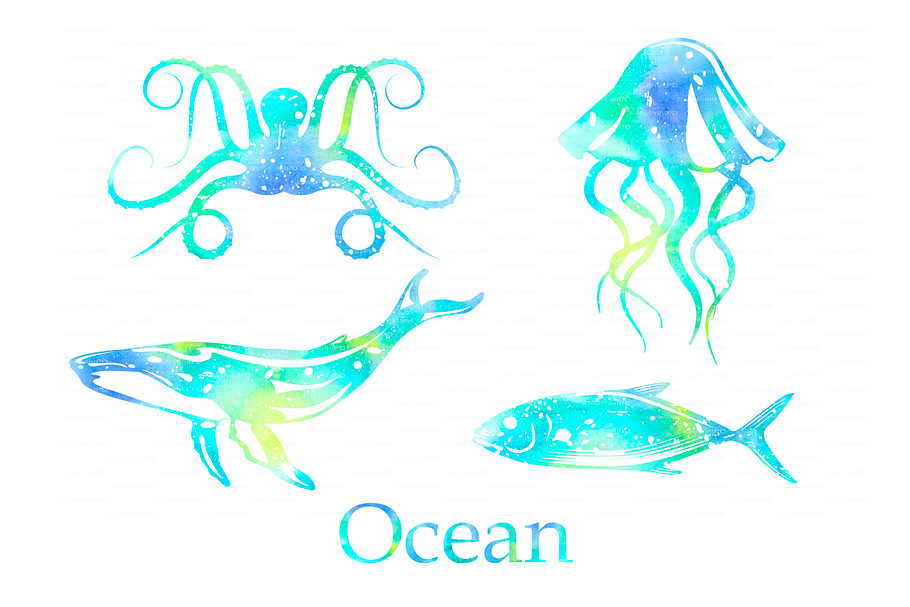 Ocean animals Watercolor PNG EPS