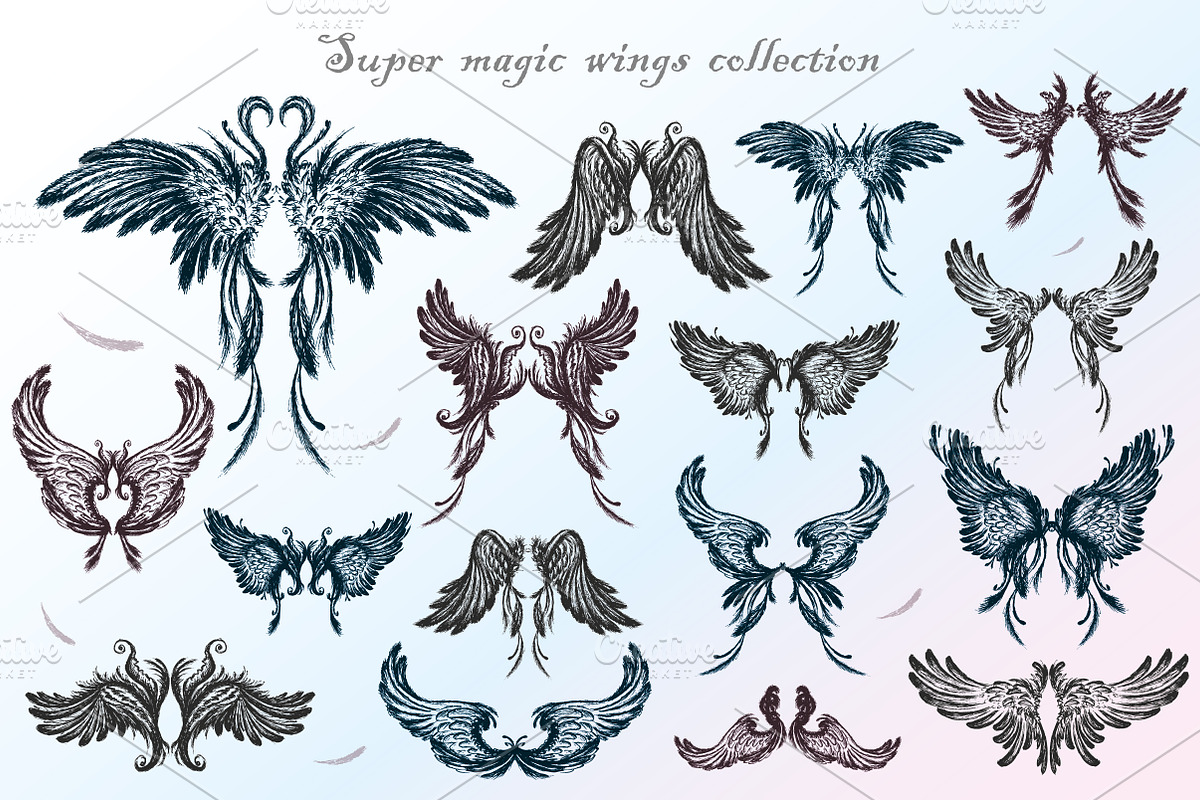 Big set of angel wings,hand drawn in Illustrations - product preview 8
