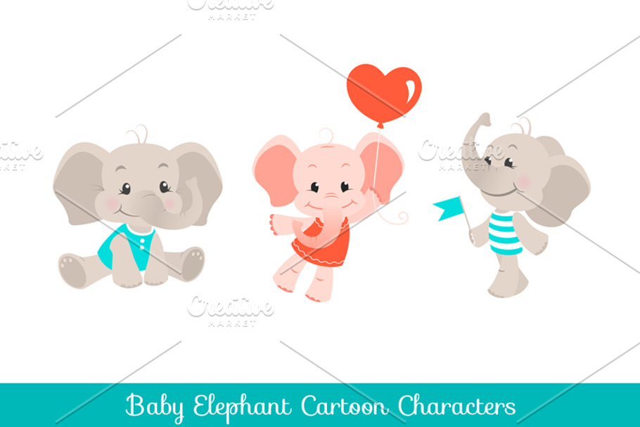 Baby elephant cartoon characters set