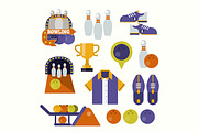 Vector flat bowling items, icons.