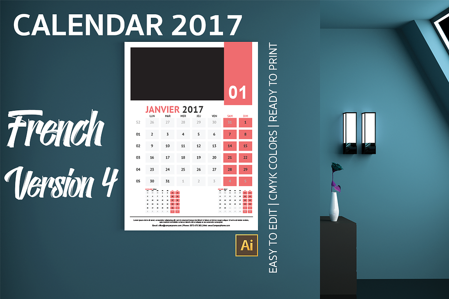 French Wall Calendar 2017 Version 4 in Templates - product preview 8
