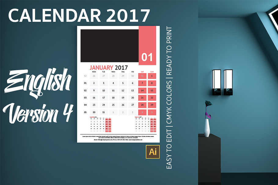 English Wall Calendar 2017 Version 4 in Templates - product preview 8