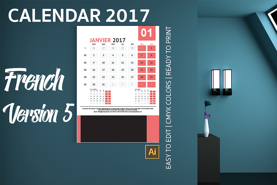 French Wall Calendar 2017 Version 5 in Templates - product preview 8