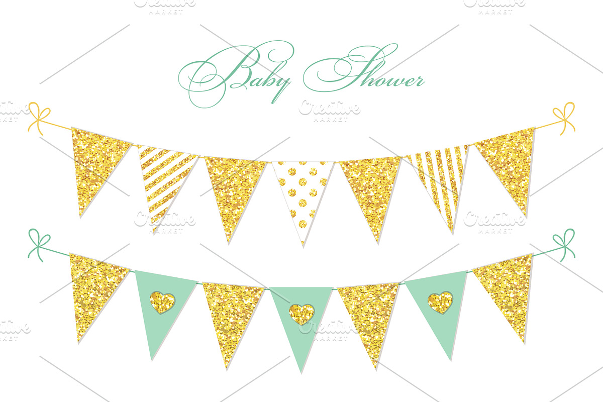 Golden glitter bunting flags in Illustrations - product preview 8