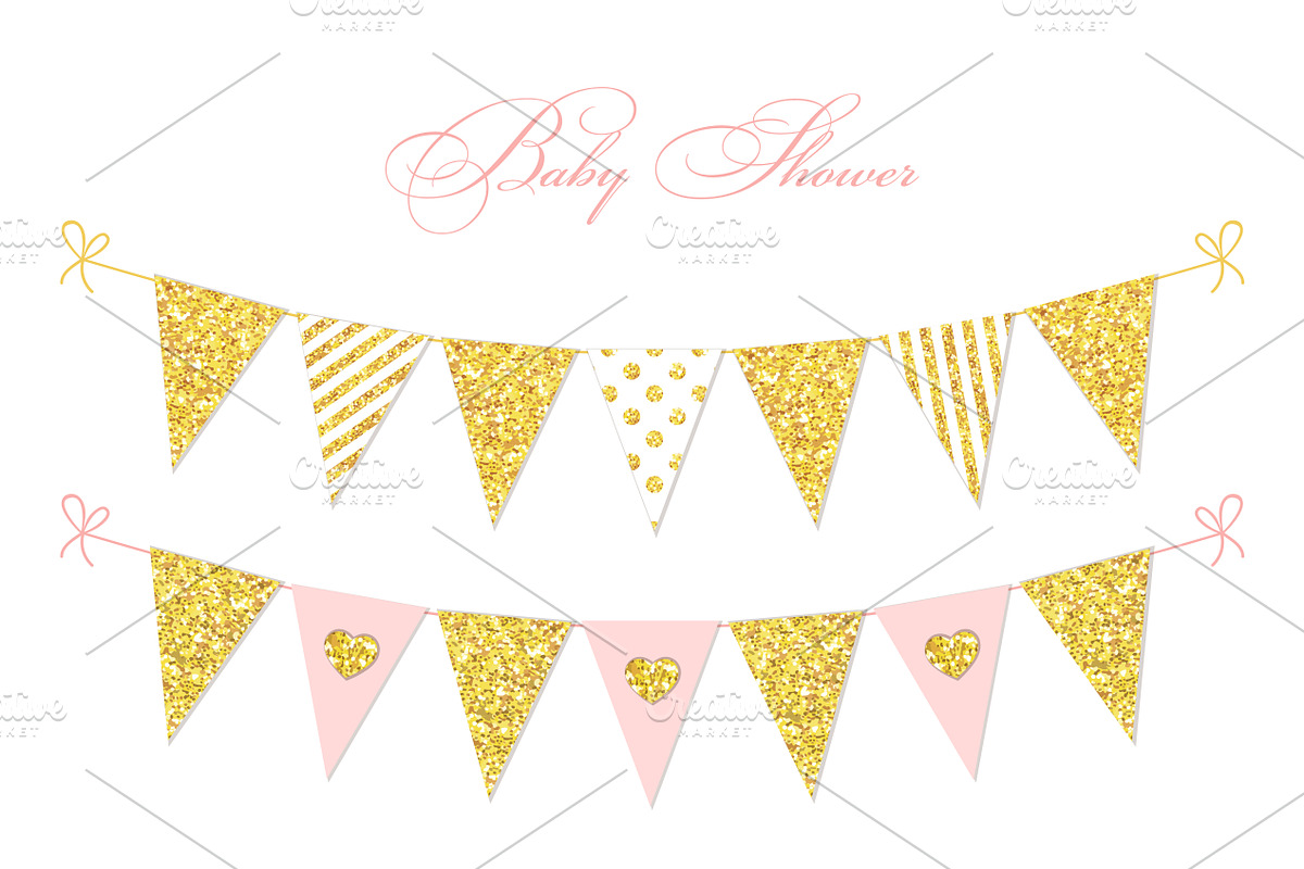 Golden glitter bunting flags in Illustrations - product preview 8