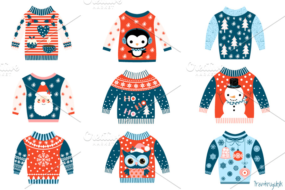 Blue and red ugly Christmas sweaters