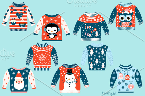 Blue and red ugly Christmas sweaters in Illustrations - product preview 3