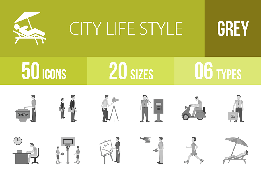 50 City Lifestyle Greyscale Icons in Graphics - product preview 8