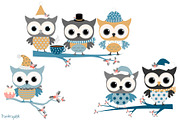 Blue and grey winter owls clipart 