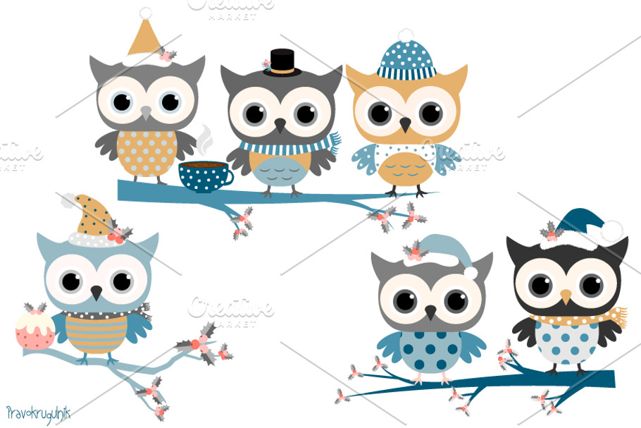 Blue and grey winter owls clipart 