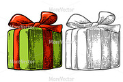 Gift box red ribbon, bow. Engraving