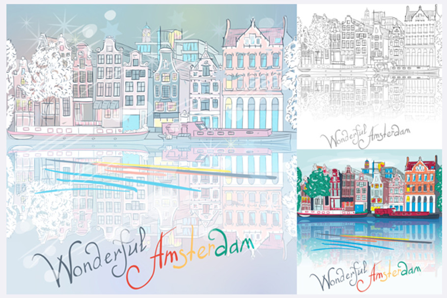 Set of Amsterdam sityscapes in Illustrations - product preview 8
