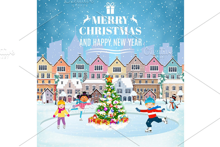 winter scene with skating children in Illustrations - product preview 8