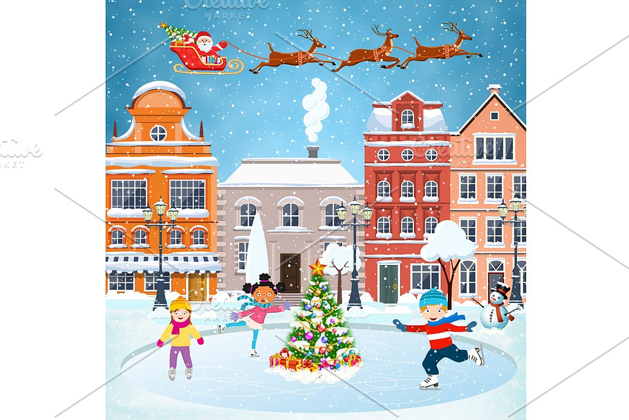 winter scene with skating children in Illustrations - product preview 8