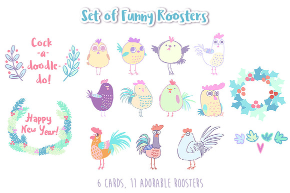 Set of funny Roosters in Objects - product preview 4