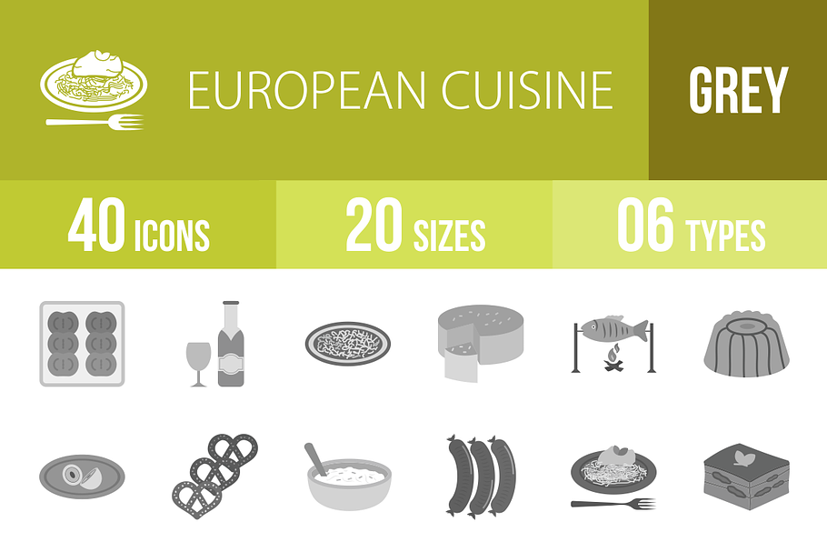 40 European Cuisine Greyscale Icons in Graphics - product preview 8