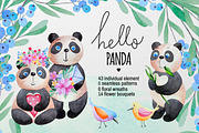 Watercolor Panda and flowers