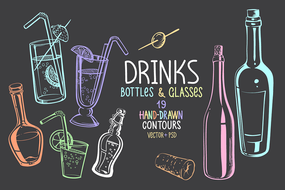 Colored Bottles & Glasses Drawings in Illustrations - product preview 8