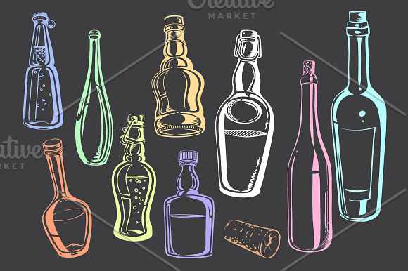Colored Bottles & Glasses Drawings in Illustrations - product preview 1